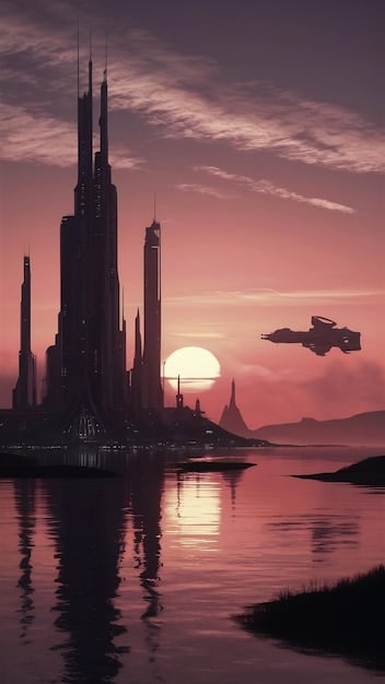 A digital rendering of a complex alien cityscape on a distant exoplanet. The architecture is strange and advanced, hinting at a highly developed civilization. The sky above is filled with colorful, unusual clouds, adding to the otherworldly feel of the scene.