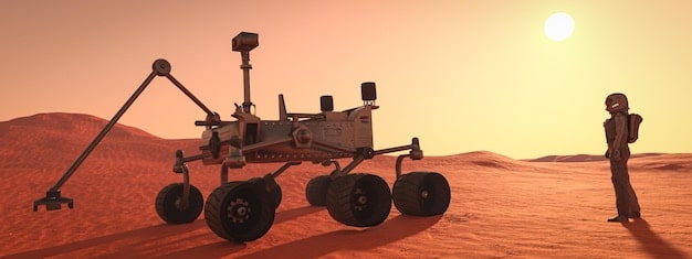 An artist's rendering of the Mars Sample Return mission, showing the Perseverance rover collecting samples and the Sample Retrieval Lander launching the samples into orbit.