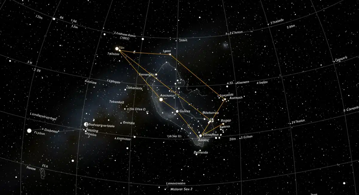 Astronomical chart of Bootes constellation, highlighting Arcturus and its kite shape for easy identification.