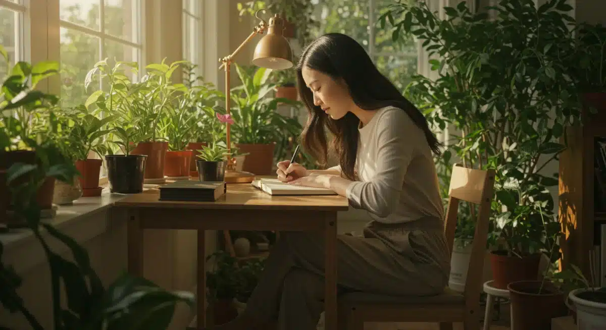 Person journaling, reflecting on spiritual insights and goals.