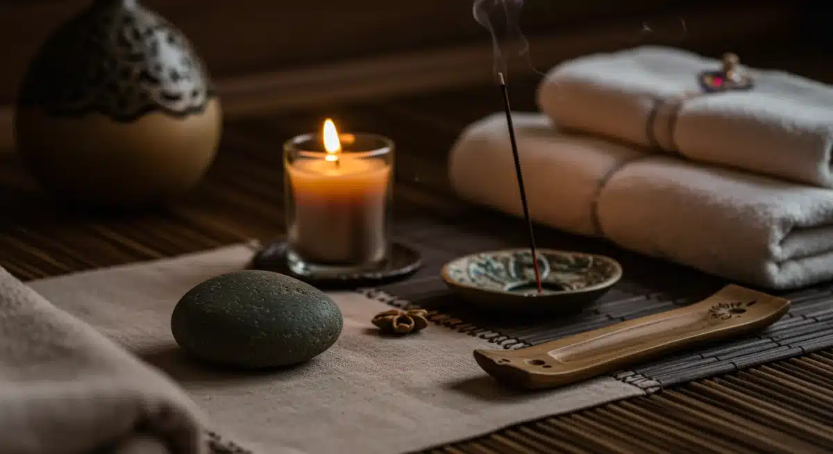 Close-up of a meditation altar with candle, stone, and incense