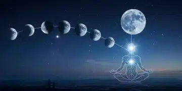 Stylized moon phases affecting a meditating figure's energy, 2025 lunar cycle impact