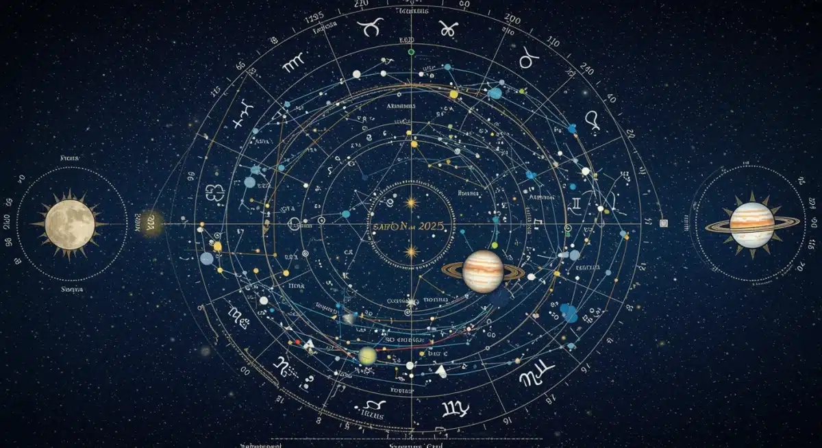 Astrological chart depicting the 2025 positions of Saturn and Jupiter, showing their influence on various zodiac signs.