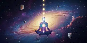 Serene figure meditating amidst vibrant cosmic energy, symbolizing harmonization with universal shifts