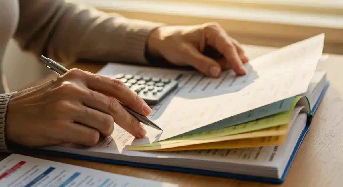 Hands organizing a detailed financial budget planner with tools