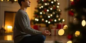 Person meditating peacefully amidst holiday decorations, managing stress.