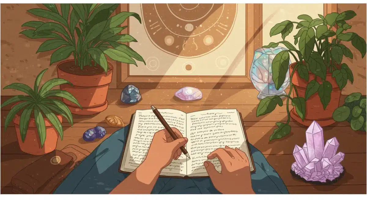 Person journaling in a tranquil room, reflecting on their spiritual journey.