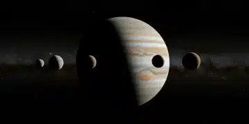 Jupiter and its four Galilean moons, Io, Europa, Ganymede, Callisto, as seen during optimal viewing conditions through a home telescope in 2025.