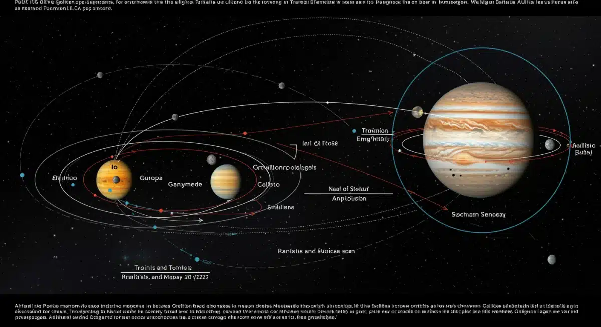 Orbital diagram of Jupiter's Galilean moons, showing their positions and movements around the giant planet.