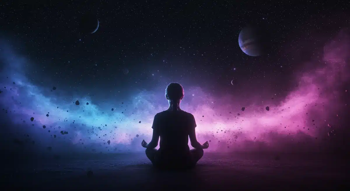 Meditating figure integrating cosmic energies for spiritual evolution.