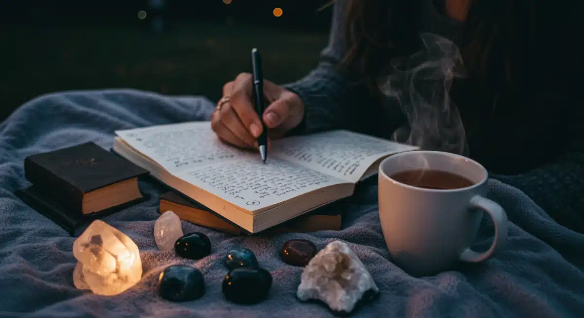 Person journaling by moonlight, setting intentions during a lunar phase