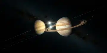 Saturn-Jupiter Conjunction 2025: Astrological Impact Illustration of Saturn and Jupiter in a close celestial alignment against a starry backdrop, representing their 2025 conjunction.