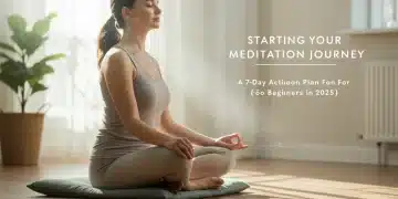 Woman meditating peacefully in a sunlit room, embodying calm and focus for beginners
