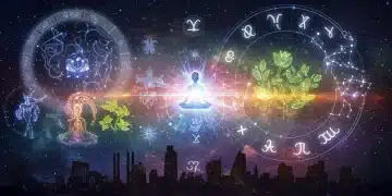 Astrological symbols and wellness elements merged in a cosmic scene for 2026 health forecast