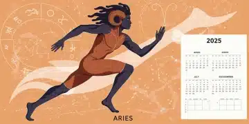 Vibrant Aries individual engaged in a healthy activity with astrological symbols, representing Aries health in 2025.
