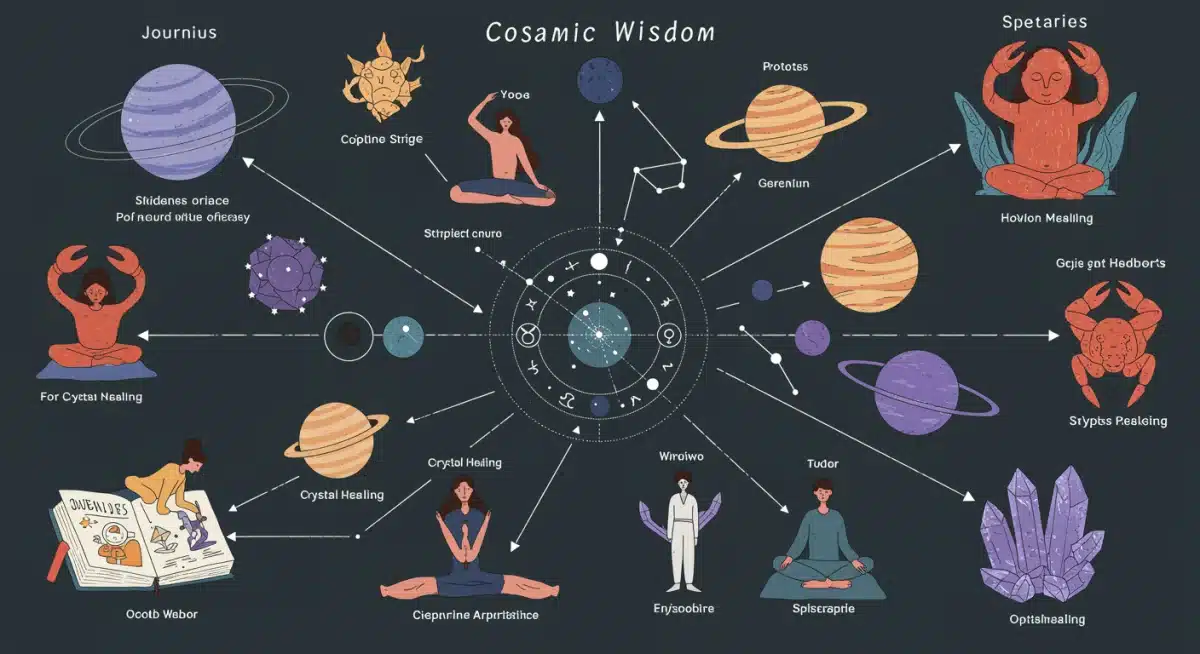 Astrological chart with spiritual practices, cosmic wisdom application
