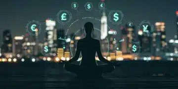 Woman meditating amidst financial symbols, representing financial mindfulness and peace.