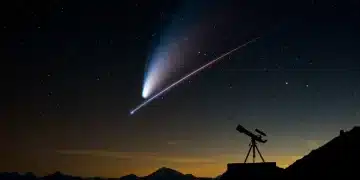 Halley's Comet in 2061, a bright celestial body with a long tail against a dark sky, observed from Earth.