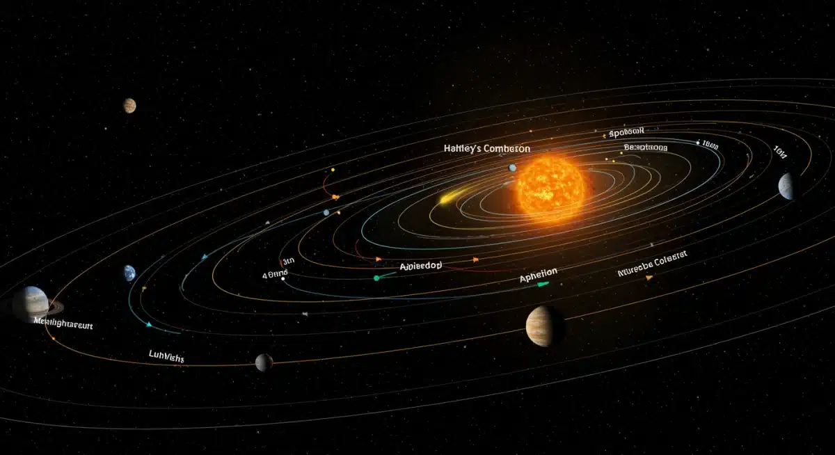 Illustration of Halley's Comet's elliptical orbit around the sun, showing its path and the Earth's position.