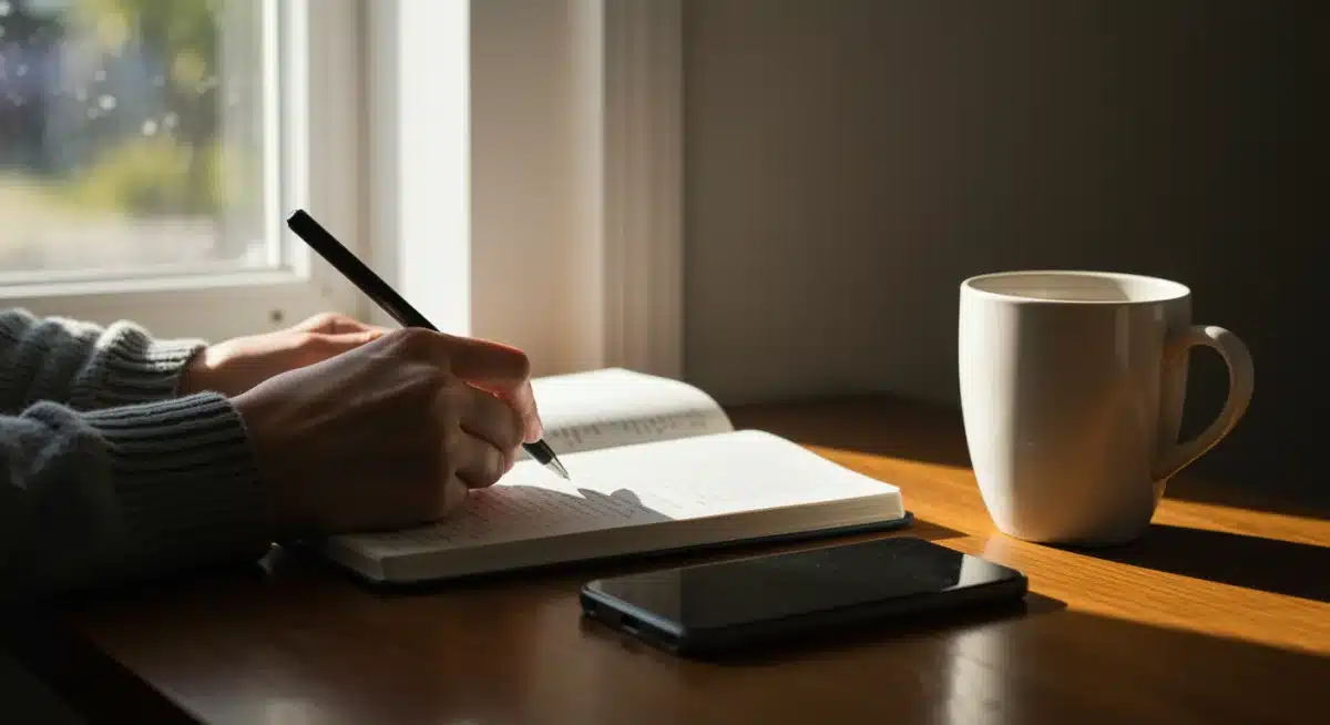 Person journaling in a tranquil setting, practicing digital disconnection for inner peace.