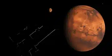 Mars at opposition in 2025, appearing bright and clear through a telescope.