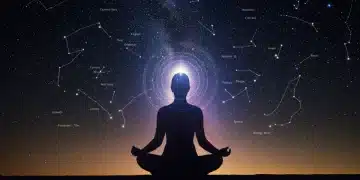 Woman meditating under starry sky, integrating cosmic wisdom