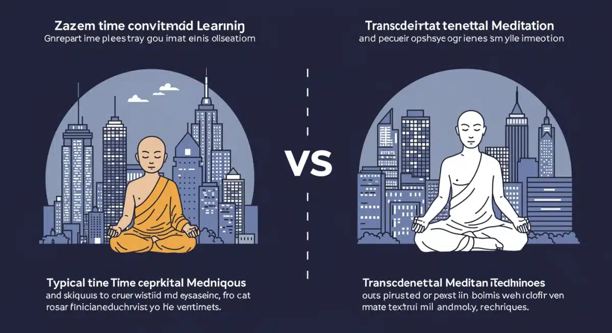 Infographic comparing time commitment and learning curve for Zazen and Transcendental Meditation for professionals.