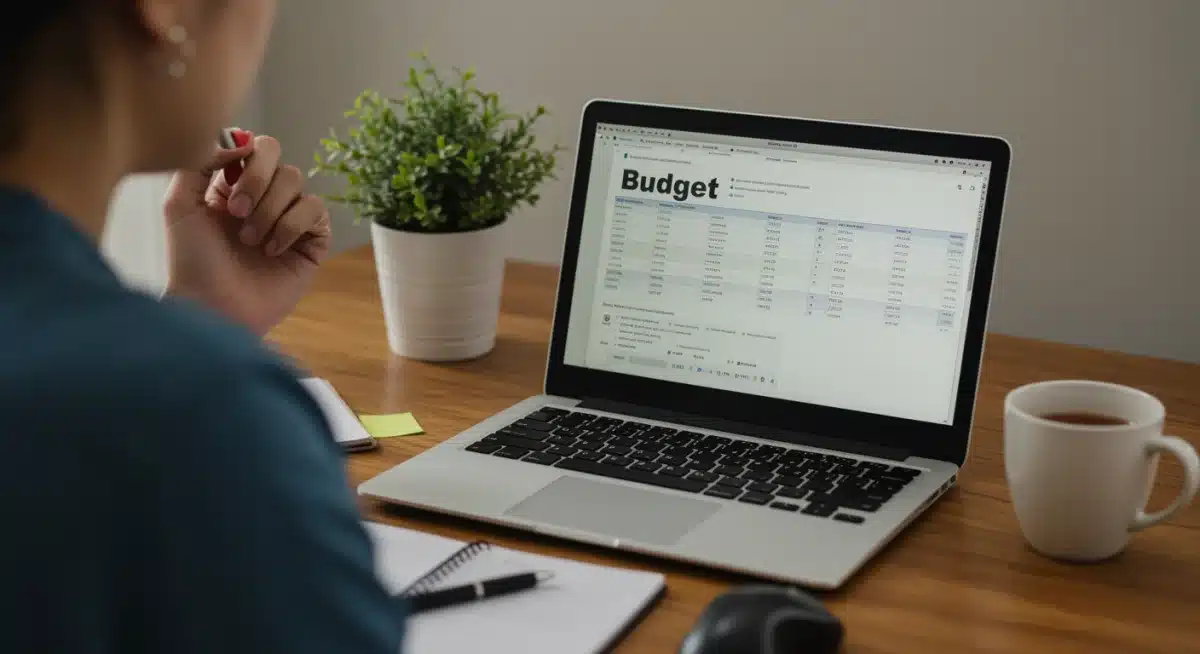 Person calmly reviewing budget on a laptop, practicing mindful financial planning.