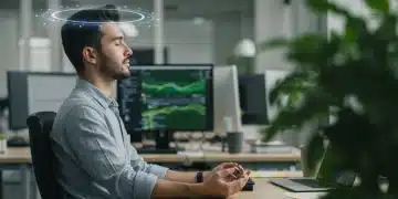 Woman meditating at office desk, symbolizing improved focus and work productivity through new meditation protocols.
