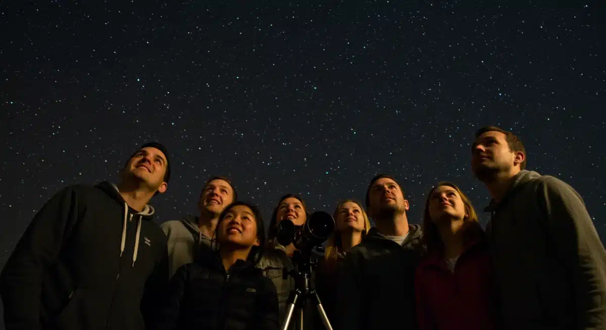 People stargazing at a meteor shower with a clear night sky