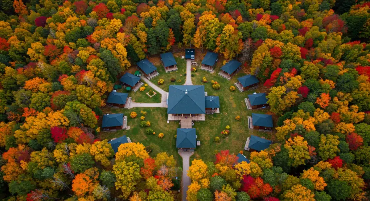 Tranquil retreat center amidst a lush forest, offering a serene environment for spiritual practice