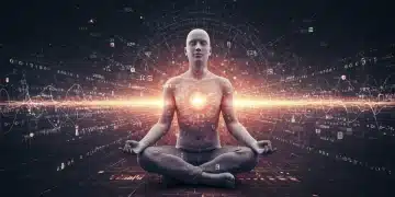 Serene individual meditating amidst digital streams, symbolizing spiritual peace in the digital age.