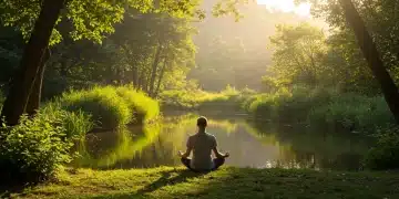 Person meditating in a peaceful US spiritual retreat setting, surrounded by nature