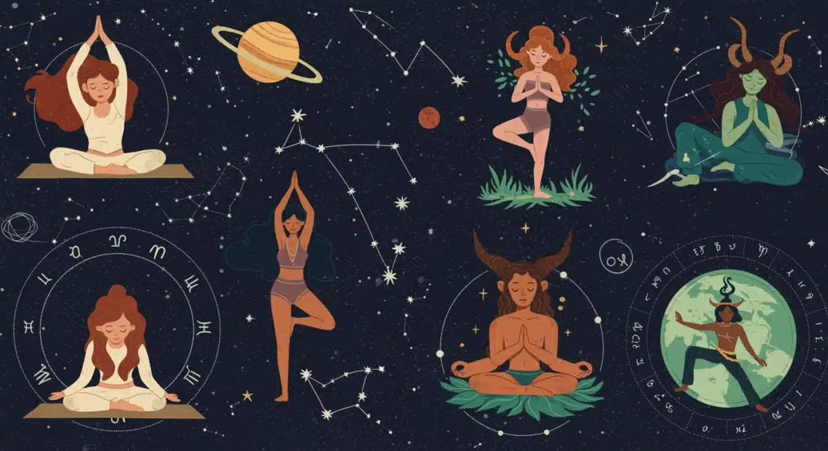 Zodiac signs engaging in diverse wellness activities under astrological influence