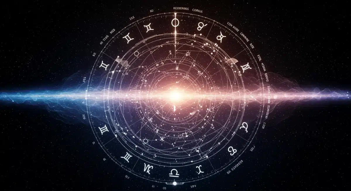 Astrological chart with energetic lines, cosmic symbols, and ethereal light, representing celestial influence on personal energy.