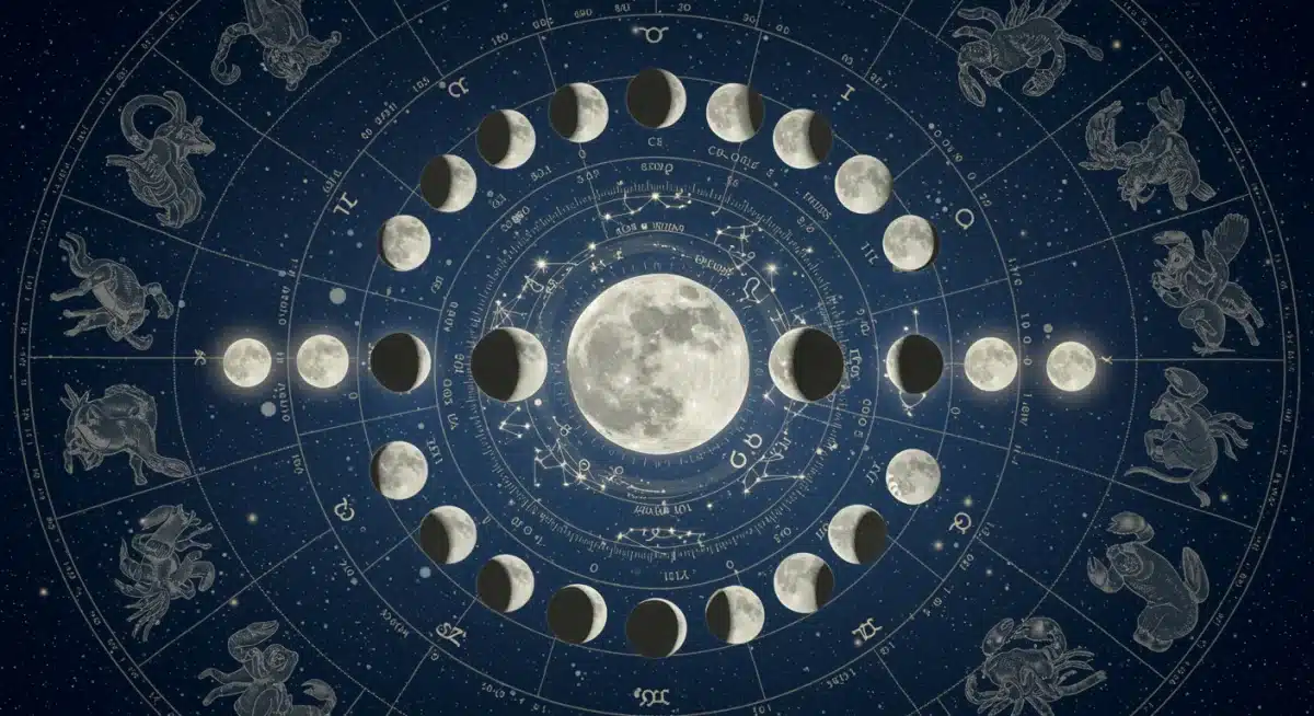Astrological chart showing moon phases and zodiac constellations, symbolizing emotional connections.