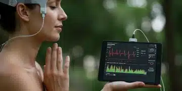 Person meditating with biofeedback sensors for enhanced relaxation