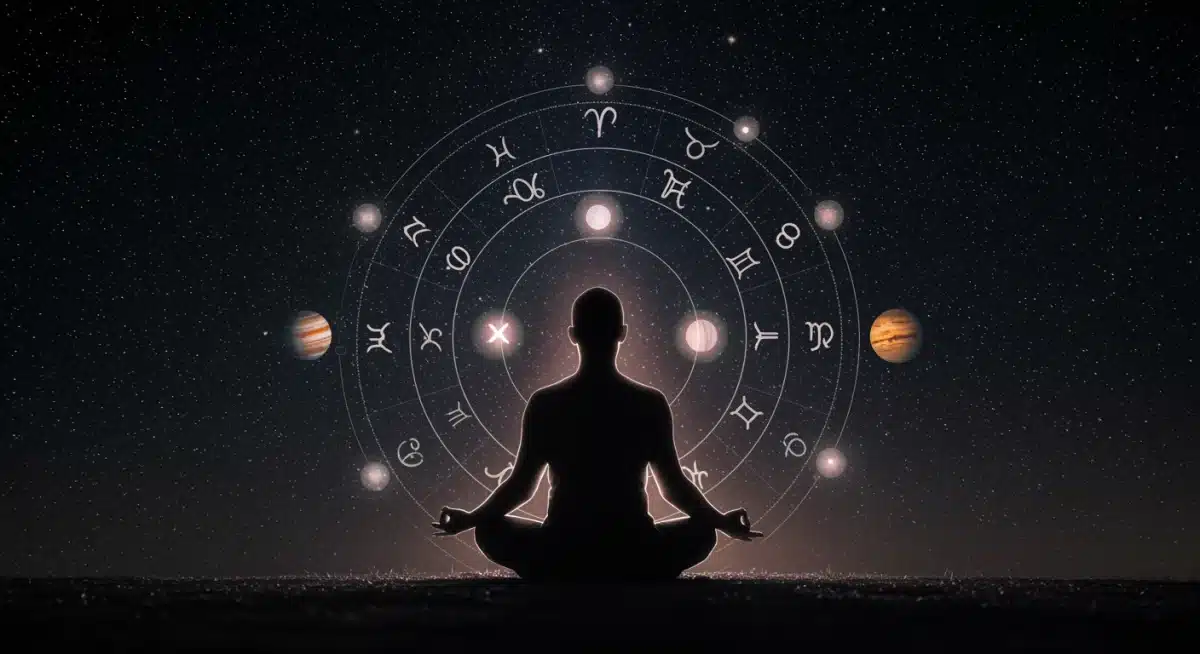 Person meditating peacefully under a starry sky, representing introspection during retrogrades.