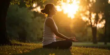 Person meditating peacefully in nature at sunrise, deep focus