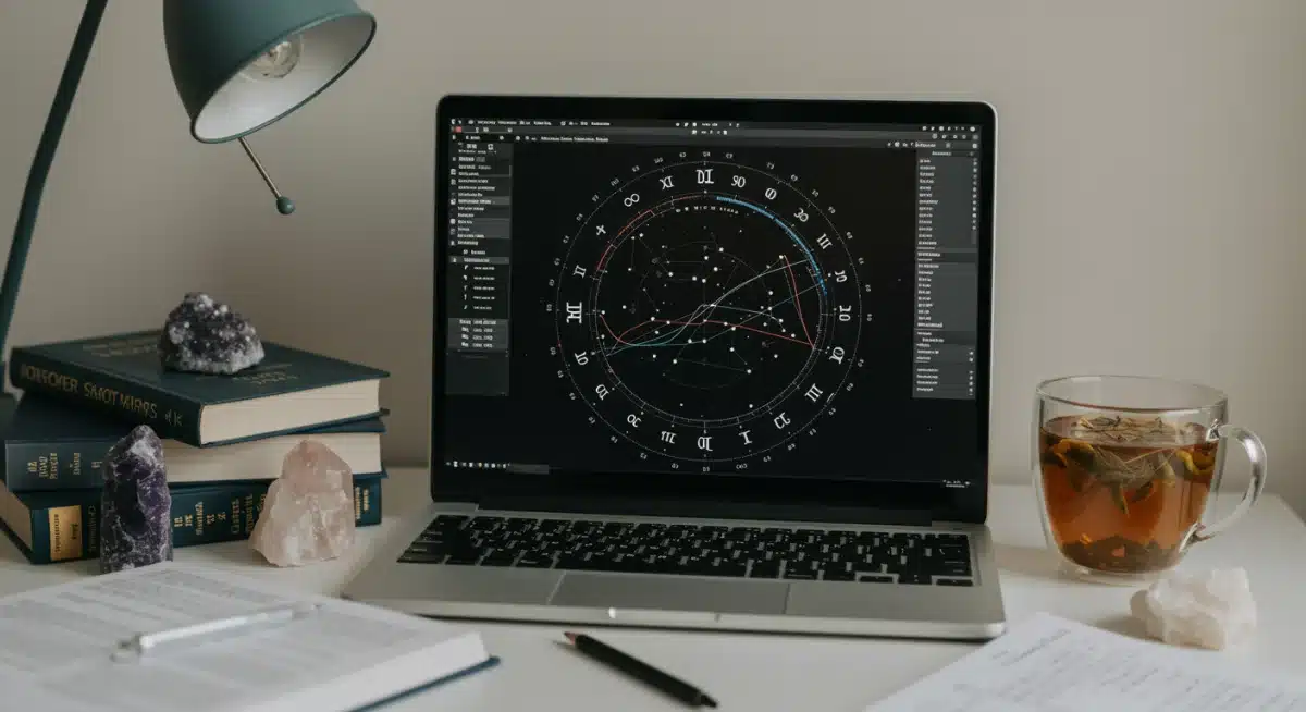 Person studying a natal chart on a laptop, surrounded by astrological tools and books.