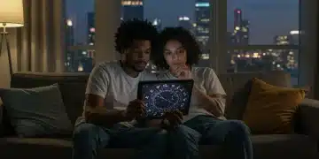 Couple exploring zodiac compatibility on a tablet in a modern US home
