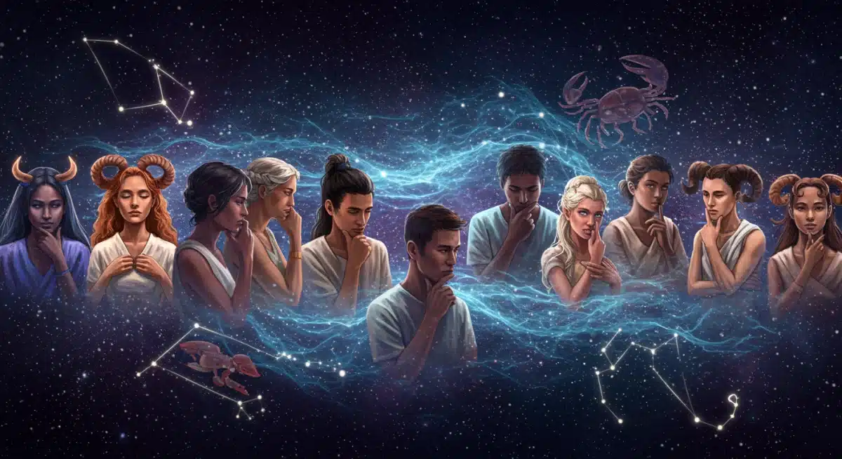 Diverse zodiac signs communicating thoughtfully during retrograde