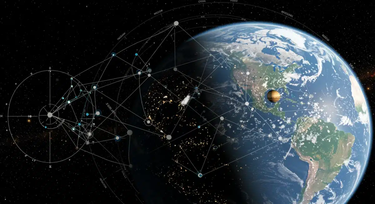 Astrological chart with planetary symbols, depicting complex cosmic forces during a conjunction.