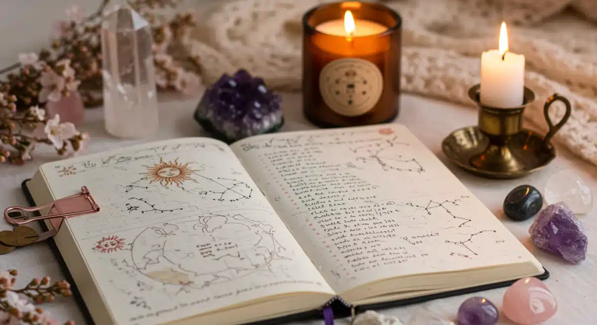 Astrology journal with intentions, crystals, and candle, representing manifestation rituals.