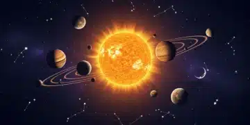Celestial scene with planets, stars, and zodiac constellations, symbolizing cosmic alignment and energy.