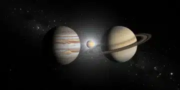 Jupiter and Saturn in close alignment, representing the Great Conjunction of 2026 and its astrological significance.