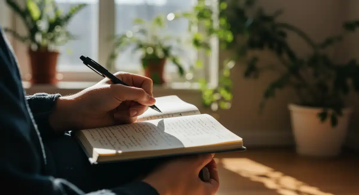 Person journaling in a sunlit room, practicing self-reflection and spiritual introspection.