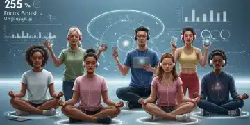 Americans using meditation apps on futuristic devices, boosting focus and well-being