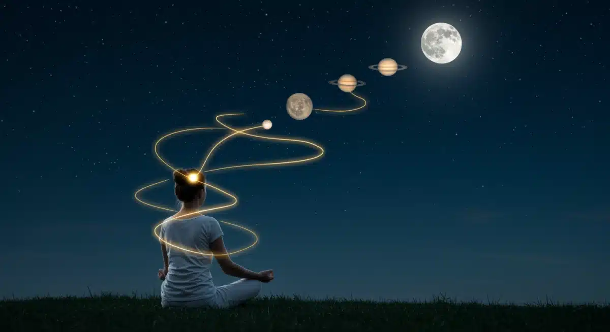 Meditating person connecting with moon and planets under a starlit sky, symbolizing cosmic connection.