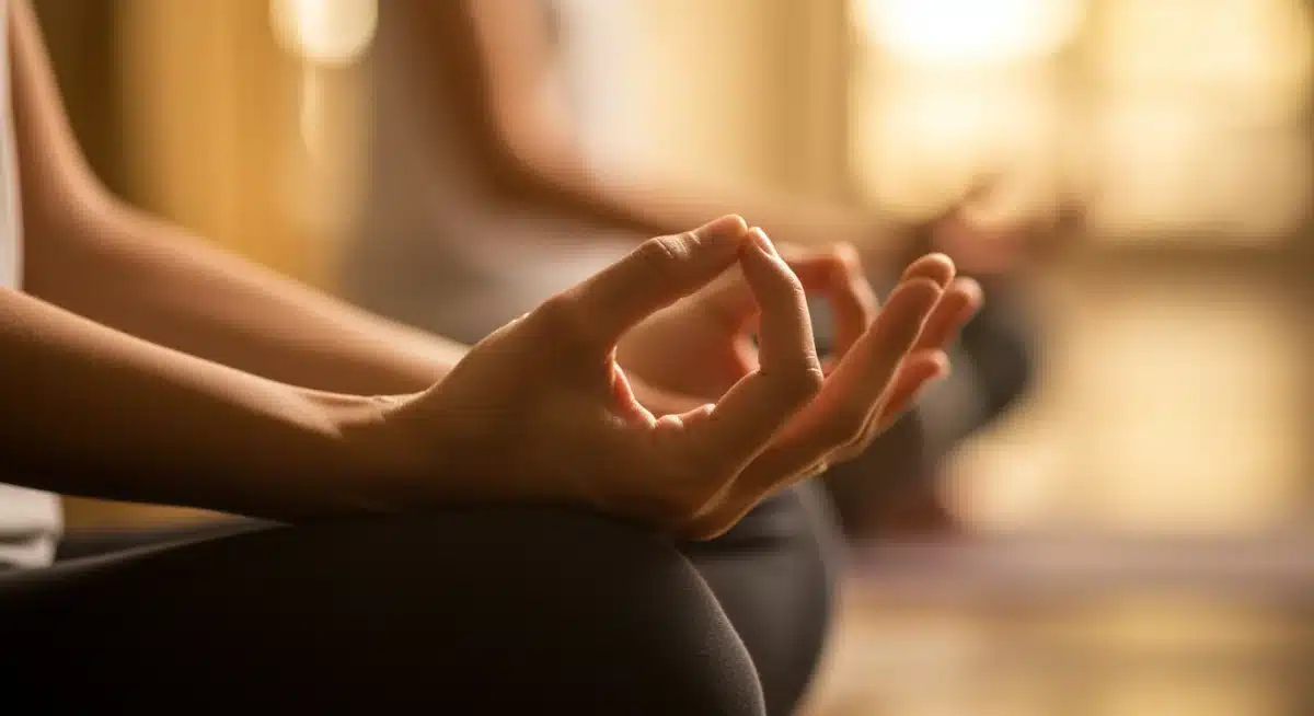 Hands in mudra during meditation session for focus